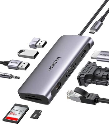 Хорошая цена USB C Hub, 10-в-1 USB-C док-станция, 4K-HDMI и VGA двойной монитор, 1Gbps Ethernet, 100W PD, 3 3,0 портов,3.5мм аудиоразъем онлайн