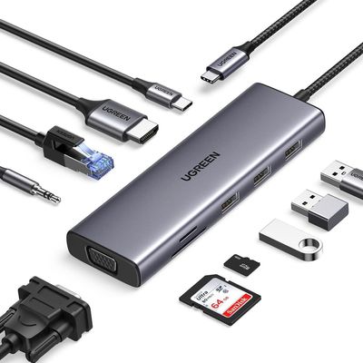 Buen precio USB C Hub, 10-en-1 USB-C Dongle con 4K-HDMI y VGA Dual Monitor, 1Gbps Ethernet, 100W PD, 3 puertos USB 3.0,3Jack de audio de 5 mm en línea