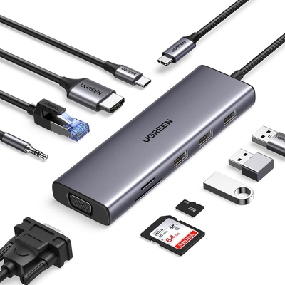 İyi bir fiyat. USB C Hub, 4K-HDMI ve VGA Çift Monitörlü 10'da 1 USB-C Dongle, 1 Gbps Ethernet, 100W PD, 3 USB 3.0 Port,3.5mm ses cisti çevrimiçi
