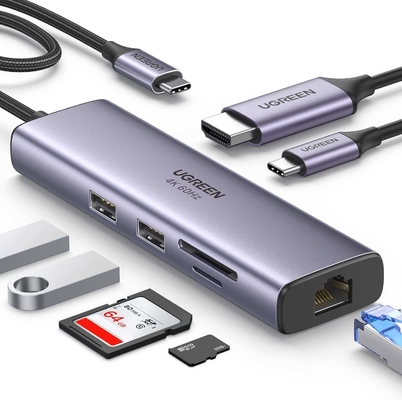 İyi bir fiyat. 7 in 1 USB C Hub Gigabit Ethernet Adaptörü 100W PD Şarj, USB A Veri Portları, SD / TF Kart Okuyucu çevrimiçi