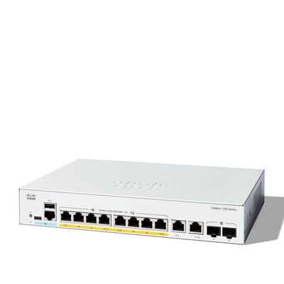 Giá tốt. Switch mạng Cisco C1300-8FP-2G với 8 cổng Fast Ethernet, 2 cổng Gigabit và PoE+ 120W trực tuyến