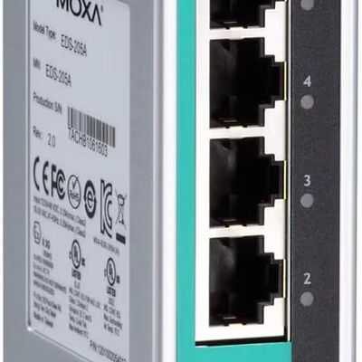 سعر جيد محول إيثرنت غير مُدار Moxa EDS-205A بـ 5 منافذ مع وضع الإرسال المزدوج الكامل وسرعة 10/100/1000 ميجابت في الثانية الانترنت